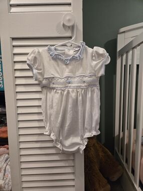 White Baby Smocked Bubble with Light Blue Trim